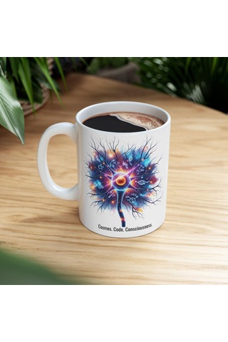 Beyaz Bilim Kupa Bardak - Sinir Hücresi, Dna Ve Kozmos Tasarımlı, Bilim Sever Hediyesi Beyaz