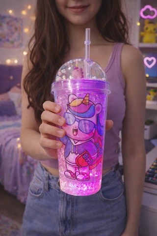 Renkli Boncuklu Sevimli Unicorn Tasarımlı 450 Ml Led Işıklı Pipetli İçecek Bardağı Suluk Mor 2646