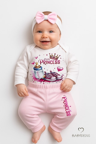 Babyden's Little Princess 3 Lü Kız Bebek Takımı Uzun Kollu Pamuklu Body,pembe Pantolon Ve Fiyonk Bandana Seti Pembe