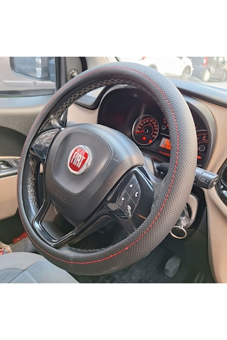 Delikli Geçmeli Direksiyon Kılıfı 38 Cm Siyah, Kırmızı Dikiş