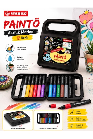 Stabilo 791/12 Paınto 12 Renk Akrilik Marker Seti Su Bazlı Çok Yüzeyli Boya Kalemi Çantalı Çok Renkli