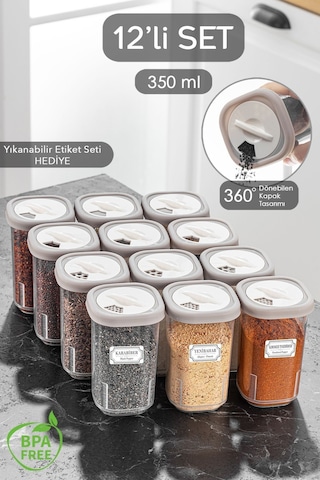 12'li Etiketli Ve Kilitlenebilir Hava Almaz Kapaklı Baharatlık Seti-baharatlık Saklama Kabı Bej