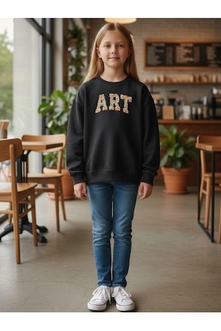 Kız Çocuk Art Yazılı Sweatshirt-16395 Siyah