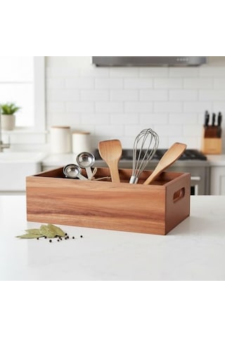 Deconox Akasya Ağacı Ekmeklik & Çok Amaçlı Organizer Kutu 25x14x8 Cm El Yapımı Doğal Ahşap Servis Tepsisi Mutfak, Banyo, Ofis Ve Ev Düzenleyici Kutu Kulplu Dekoratif Ahşap Kutu A