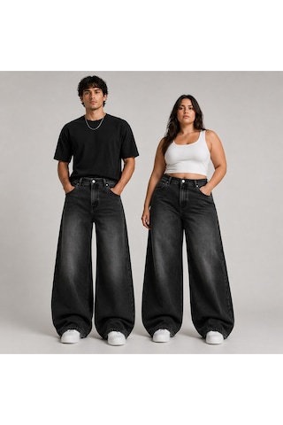St.poll Eskitme Yıkamalı Unisex Büyük Beden Baggy Jean Pantolon Siyah