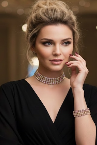 Caş Dekorasyon Altın Renk Taşlı Choker Kolye Ve Bileklik Set Altın