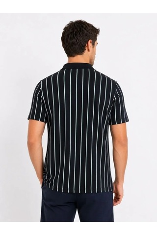 Modi Erkek Pike Kumaş Çizgili Polo Yaka Tişört Kısa Kol Yazlık T-shirt - Siyah Açık Lacivert - Gri - Siyah