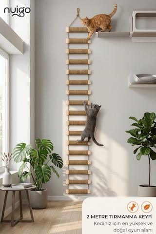 Ahşap Kedi Tırmanma Merdiveni Ve Duvar Köprüsü - Jüt İpli, 17 Basamak, 200 Cm