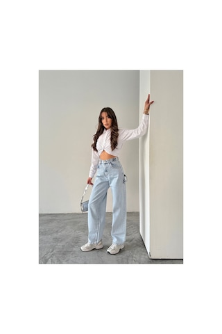 Blue Marlın Yan Kemer Buz Kar Tokalı Kargo Cep Detaylı Baggy Jeans Buz Kar