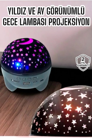 Gece Lambası Projeksiyon Görünümlü Şarjlı Yıldızlı Yuvarlak Çok Renkli