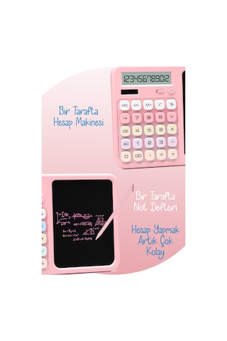Lcd Ekran Yazı Tahtalı Hesap Makinesi 12 Haneli Tabletli Hesap Makinesi Pastel Pembe
