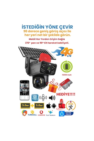 Solar Panelli, Güneş Enerjili, Sım Kartlı 4g, 6mp Çift Lensli Ptz