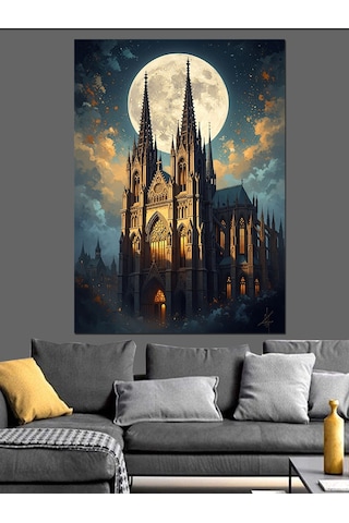 Gece Işıkları Altında Tarihi Katedral Dekoratif Kanvas - Mdf Ahşap Tablo