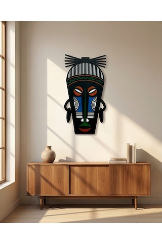 Afrika Tribal Ahşap Duvar Mask Mdf - Siyah Yeşil Mavi Klasik Kabile Maskı 1
