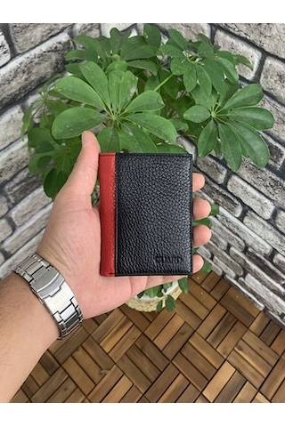 Asyaclub Hakiki Deri Erkek Siyah/Kırmızı Mini Cüzdan Siyah