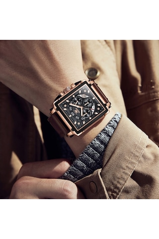 Olevs 9919 Erkekler İçin Kare Kadranlı Kronograf Aydınlık Kuvars Saat Kahverengi Deri Gül Kabuğu Siyah Yüzey