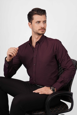 Koyu Bordo Yaka Düğmeli Premium Şamre Slimfit Erkek Gömlek Koyu Bordo