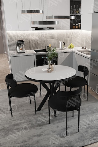 Avvio Larissa Teddy Sandalye 90x90 Yuvarlak Yemek Masası Mutfak Masası 4 Kişilik Masa Sandalye Takımı Düz Beyaz