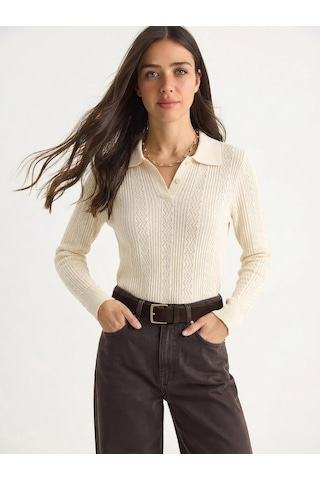 Shade Kadın Polo Yaka Patlı Regular Fit Triko Kazak 20258063 - Krem