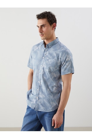 Lcwaıkıkı Classic Mavi Regular Fit Kısa Kollu Desenli Poplin Erkek Gömlek
