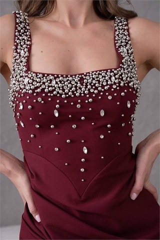 Dipmoda Kadın Taş Detaylı Askılı Uzun Abiye Elbise Dpnbs9367 Bordo