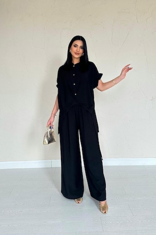 Gülsüm Aydın Siyah Önü Pileli İkili Keten Takım Siyah