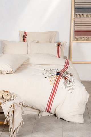 Ecocotton Charla Çift Kişilik Nevresim Takımı %100 Organik Pamuk Kenevir Karışımlı Ekru-kırmızı 200x220 Cm-1206