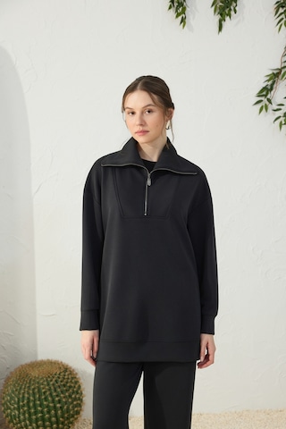 Aker Siyah Yakası Ve Yan Yırtmaçları Fermuarlı Modal Sweatshirt Siyah Siyah