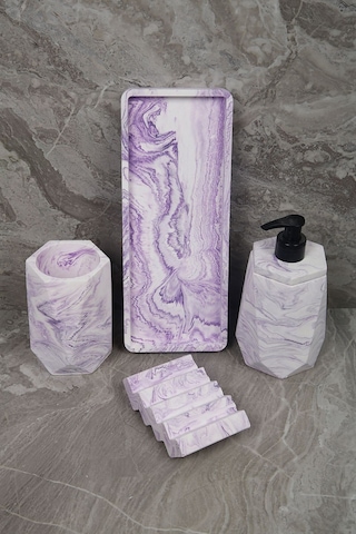 4 Parça Mor Mermer Desenli Beton Banyo Seti Diş Fırçalığı Sıvı Katı Sabunluk Tepsi Lila
