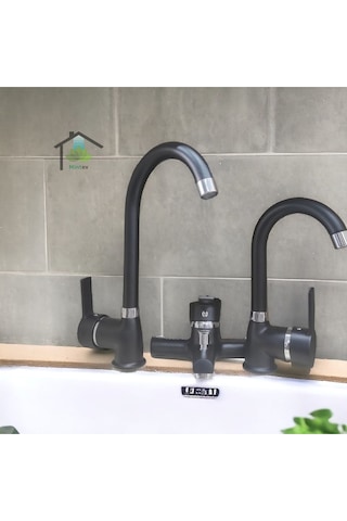 Mintev Siyah Ultra Lüx Komple Set Mutfak Evye Lavabo Ve Banyo Bataryası Siyah