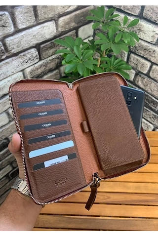 Guard Çift Fermuarlı Taba Hakiki Deri El Çantası Erkek / Kadın P3031 Taba