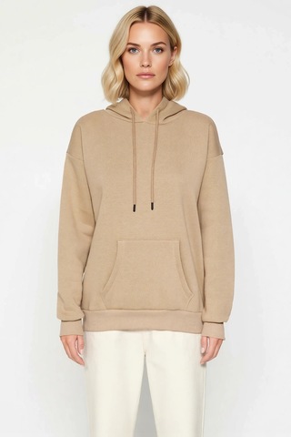 Benerly Kadın Kapüşonlu Düşük Kol Oversize Sweatshirt Fonksiyonel Dayanık Vizon