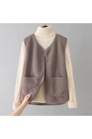 Kahve Kadın Güz Kış Yelek Ceket Düz Renk V Boyun Kolsuz Düğme Kapatma V Boyun Yumuşak Sıcak Cepler Hırka Bayan Yelek