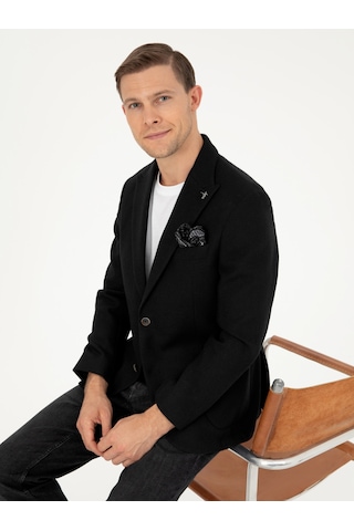 Cacharel Siyah Slim Fit Yün Karışımlı Blazer Ceket