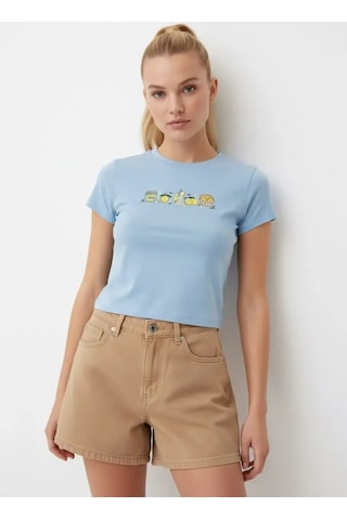 Park Karon 26025 Pamuk Desenli Crop Boy Bisiklet Yaka Örme Bluz Bebe Mavi 40