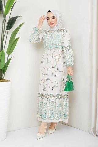 Butik Ayvitrin Kadın Otantik Muz Desen Keten Linen Tesettür Elbise Yeşil