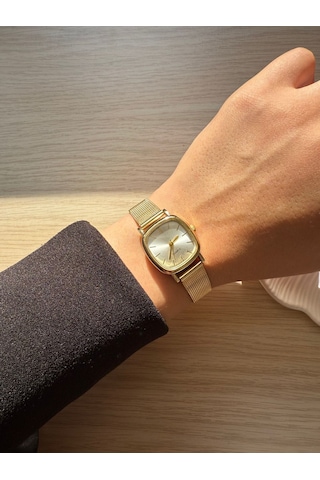 Retro Minimal Hasır Kordon Vintage Kadın Kol Saati Kasa Kare Altın 0021
