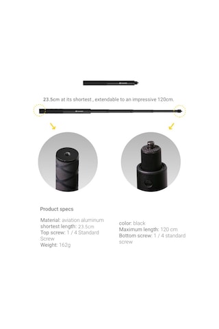 Springsun Insta360 Uçak Alüminyum Gizli Selfie Çubuğu - One X/x2, One/one R, Evo Uyumlu, 23.5-120cm Uzunluk Aralığı
