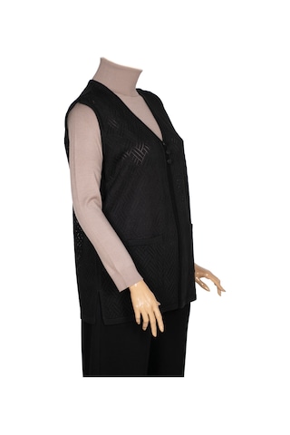 Hesna Kadın Yakut Triko Ajurlu Cepli Düğmeli Yırtmaçlı Siyah Yelek Siyah