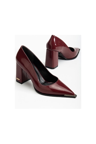 Suins Premium Verty Model Kadın Kalın Topuklu Burnu Taşlı Rugan Stiletto Ayakkabı Bordo