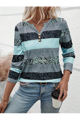 Tua Moda Kadın Uzun Kollu Yakadan Düğmeli Çizgili Desenli Süprem Bluz Mavi