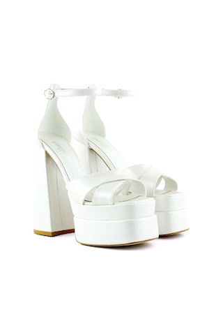 Erkan Saçmacı Celine İnci Beyaz Önü Açık Çapraz Bantlı Çift Platformlu Kalın Topuklu Abiye Gelin Ayakkabısı