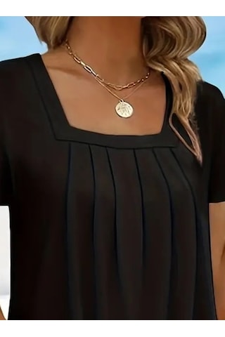 Nnstartshopping Kadın Kısa Kollu Pileli Kare Yaka Salaş Viskon T-shirt Siyah