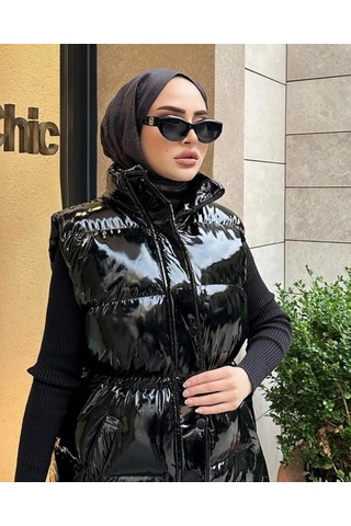 Hb Harma Time Butik Kadın Fermuarlı Çıt Çıtlı Cepli Siyah Parlak Şişme Yelek