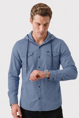 Deep Sea Deepsea Koyu Mavi Kapüşonlu Likralı Kot Gömlek Slim Fit Çıt Çıt Kapamalı Erkek Gömlek 2300396