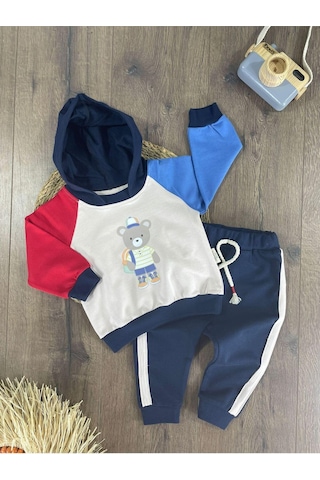 Teddy Ayıcık Baskılı Kapüşonlu Renkli Kol Detaylı Erkek Bebek Takım Açık Lacivert