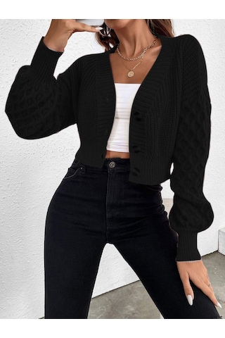 Aqe Fashion V Yaka Örgü Desenli Triko Crop Siyah Hırka Siyah