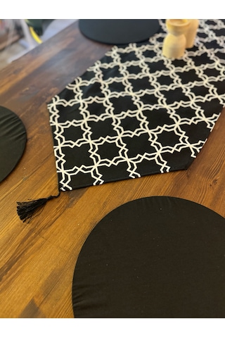 Siyah Desenli Runner Masa Örtüsü Dekoratif Supla Set 6130