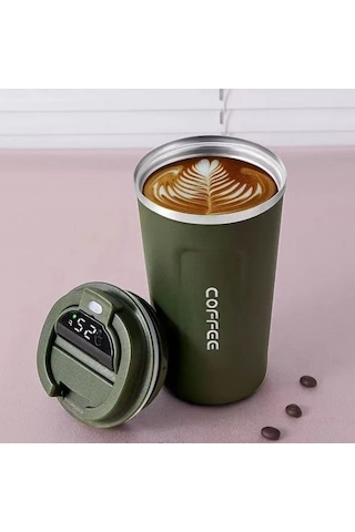 Dijital Isı Göstergeli Paslanmaz Çelik Termos Kupa Sıcak & Soğuk İçecek Mug Yeşil