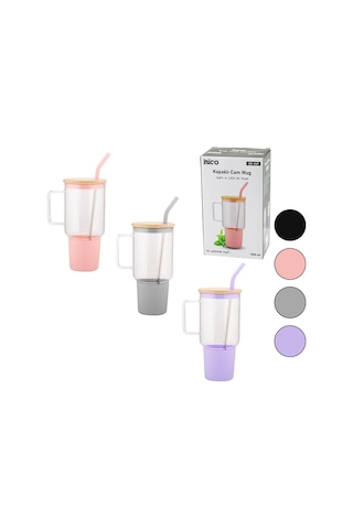 Cam 1000ml Matara - Suluk Bambu Kapak - Sızdırmaz Silikonlu Çelik Pipet Koruyucu Silikon Altlık - Kılıf Renkli